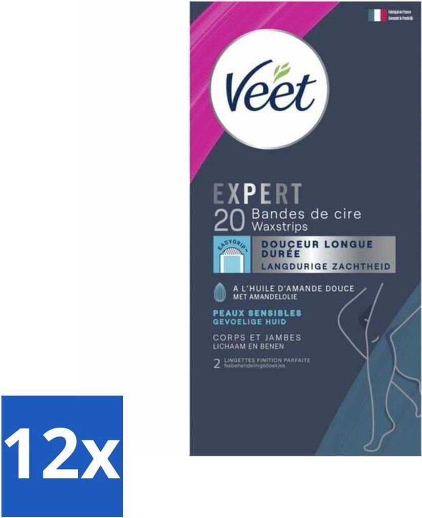 Veet Expert - Haarentfernungsstreifen - Körper & Beine - Empfindliche Haut - 20 Streifen - Vorteilspack - 12 Stücke