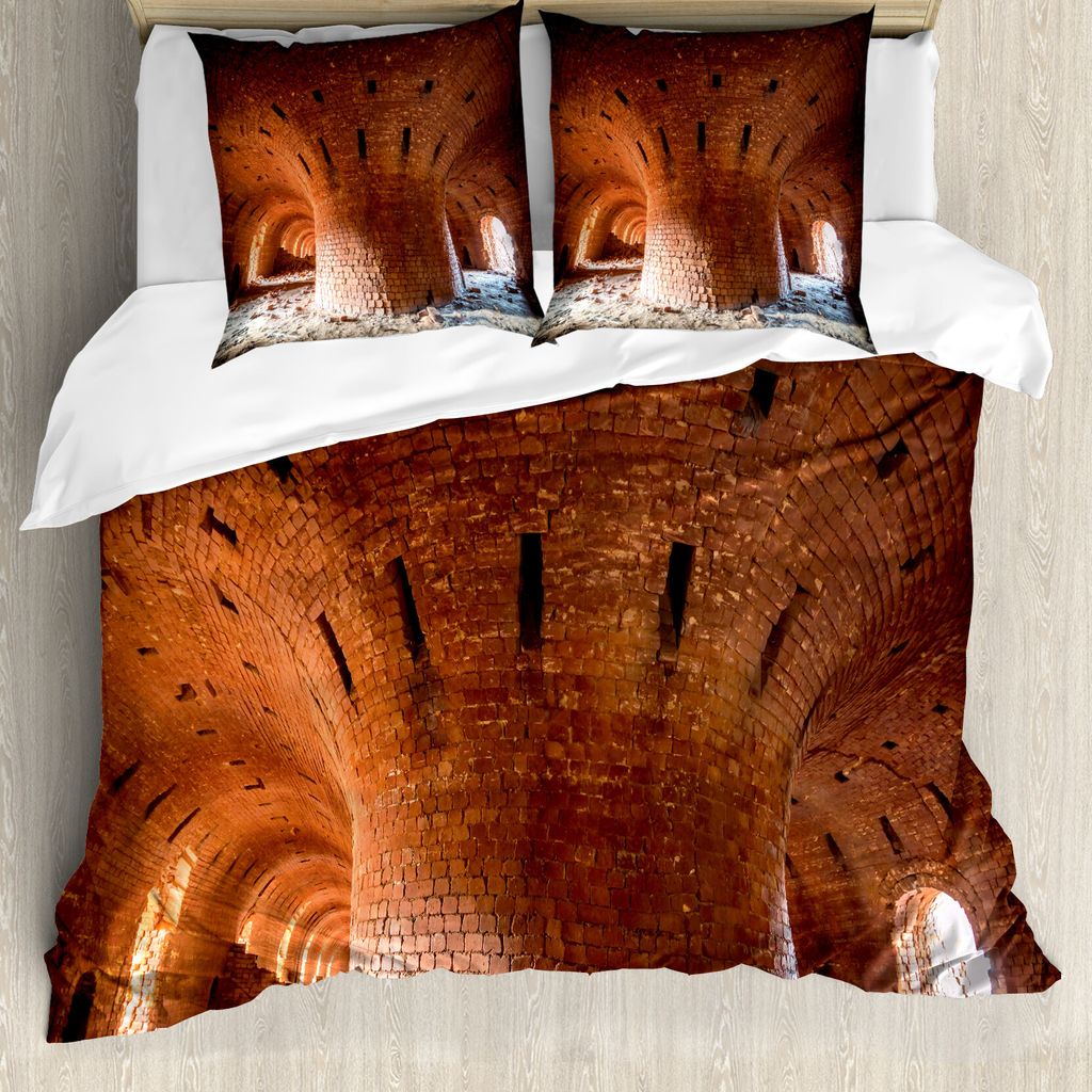 ABAKUHAUS industriell Bettbezug, Alte Ziegelei Wand, Milbensicher Allergiker geeignet mit Kissenbezügen, 155 cm x 220 cm - 80 x 80 cm, Orange