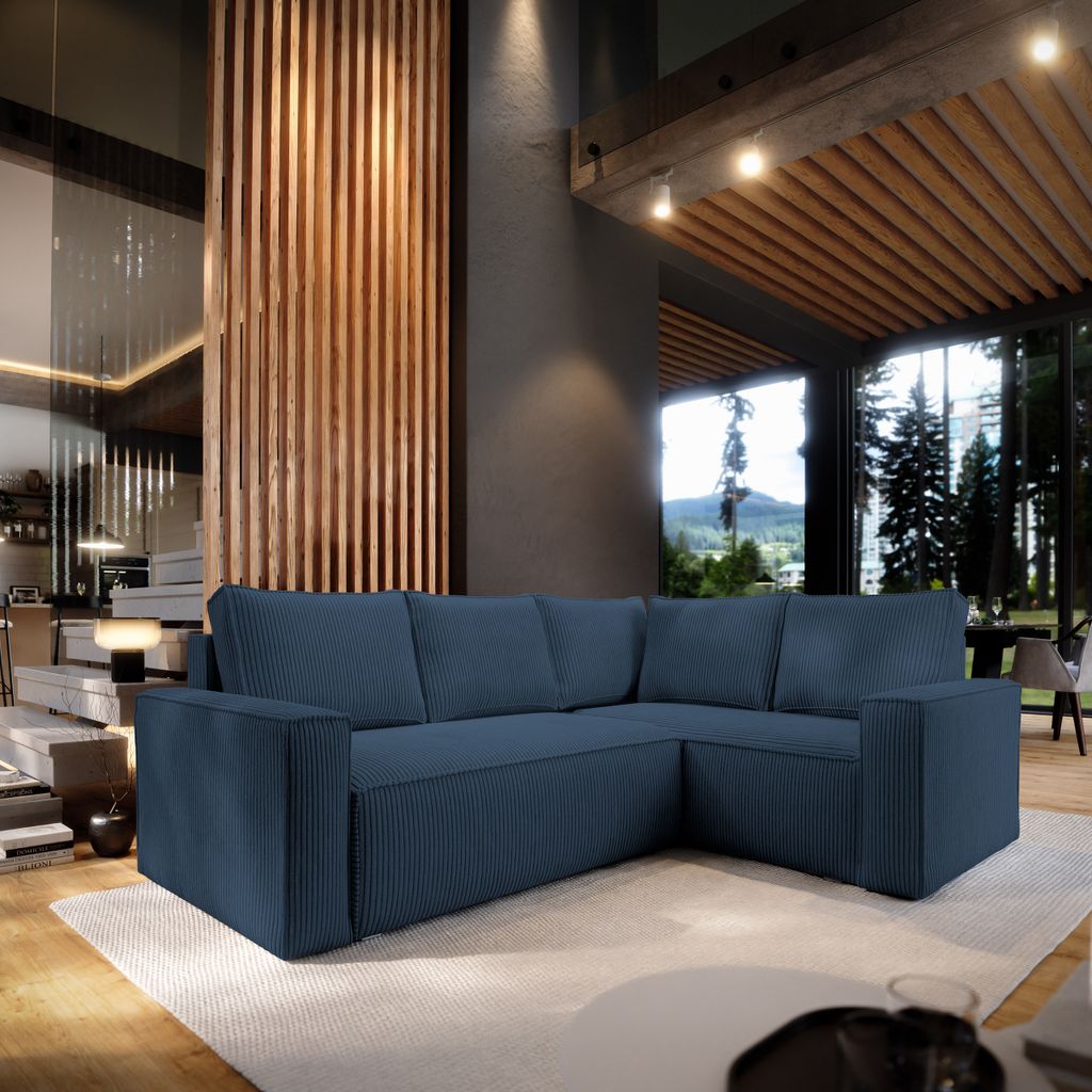 Masseno Ecksofa ESTANO R-S mit Schlaffunktion L-Form, Sofa mit Bettkasten, Wohnzimmersofa, Couch, Soffa, Bettsofa, Couchgarnitur- Blau, POSO 05