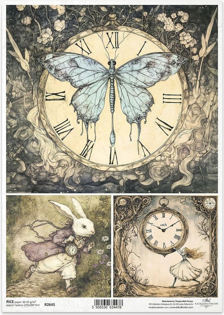 A4 Decoupage Reispapier - Schmetterling, Motte, Weißes Kaninchen, Uhr, Alice - R2645 - Itd Collection