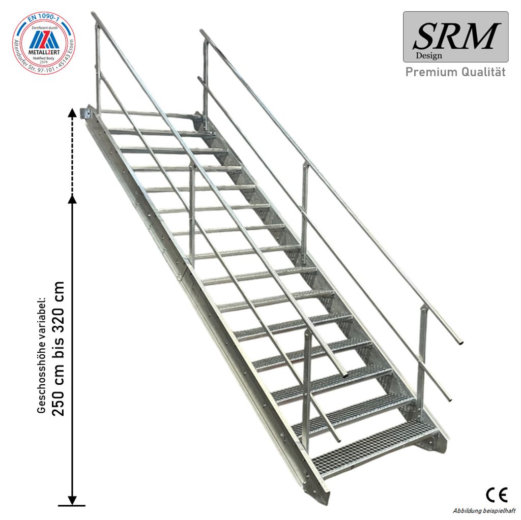 15 Stufen Stahltreppe beidseitigem Geländer Breite 100 cm Produktbild 