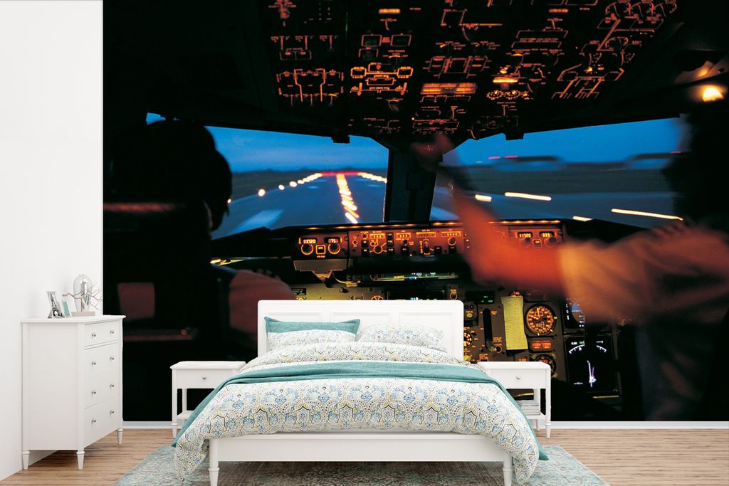 MuchoWow Fototapete für Wohnzimmer oder Schlafzimmer Wandtapete Vinyl Motivtapete Cockpit mit Piloten - 360x240 cm - Vinyl-Tapete