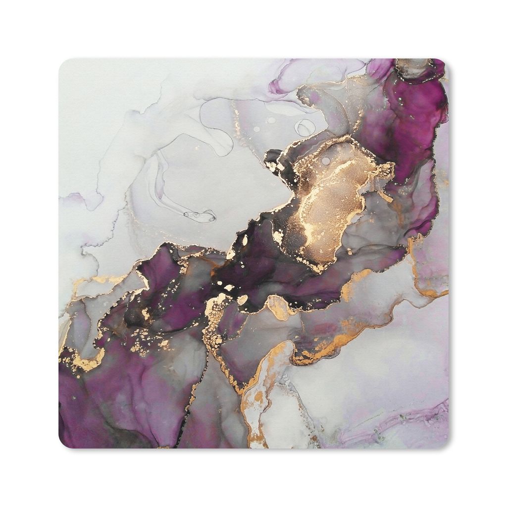 MuchoWow Mauspad Mousepad Marmor - Abstrakt - Gold - Lila 20x20 cm - Mousepads - Maus Mat - Pad - Mausunterlage - Desk Mat - Bureauartikeln