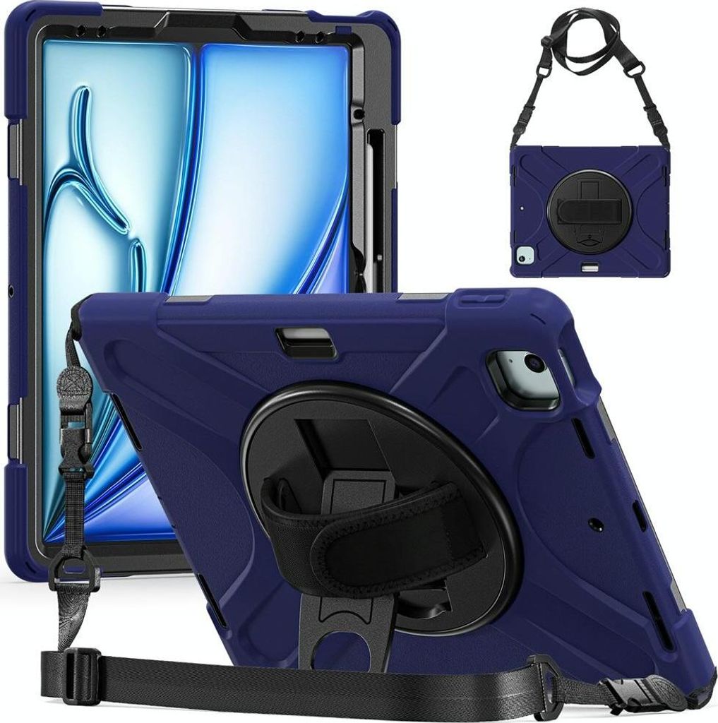 Mobigear SureGrip XGuard iPad Air 13 Zoll (2025) Hülle Kunststoff,Silikon Backcover + Stifthalter + Schulterträger + Ständer - Marineblau