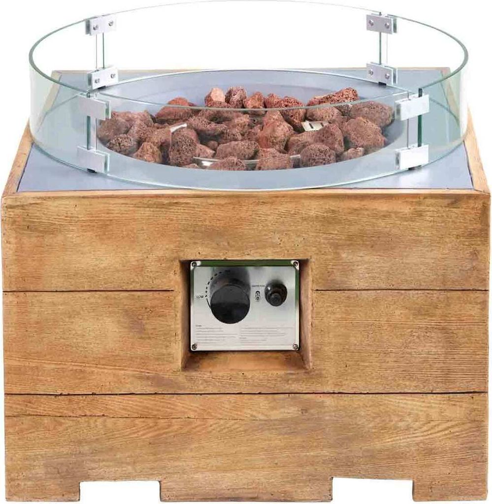 intergrill Gasfeuerstelle TM19025 Fire Pit Feuertisch für Garten mit Lavasteinen und Glas Holzoptik Palettenmöbel 59 x 58,5 x 38,8cm