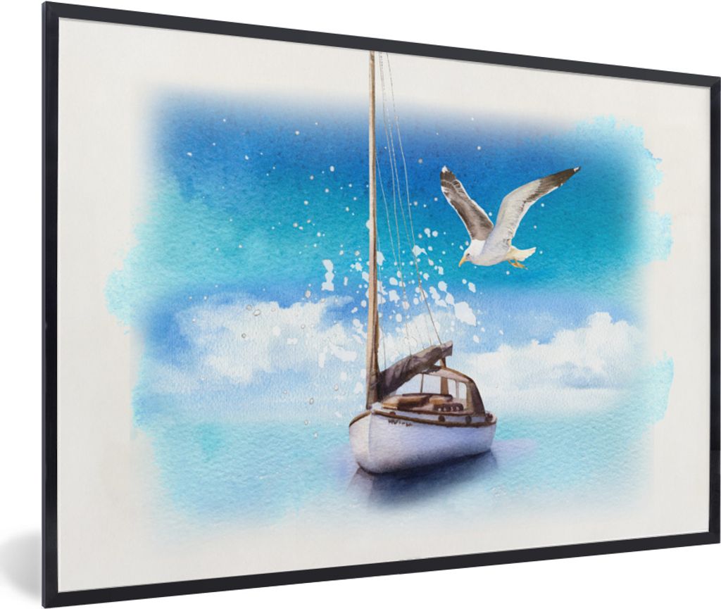 MuchoWow MuchoWow Gerahmtes Poster Boot - Wasser - Möwe 30x20 cm - Poster mit zchwarzem Bilderrahmen - Kunstdruck - Bild-Poster