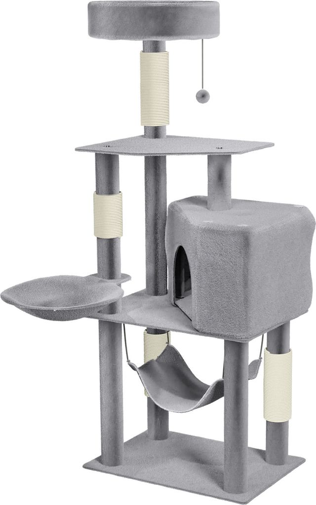 LARS360 Katzenbaum 133,5 cm Hellgrau – Großer Kratzbaum/Kletterbaum mit Sisal-Pfosten, Ebenen, Hängematte, Korb & Katzenhaus, Spiel- & Schlafplatz