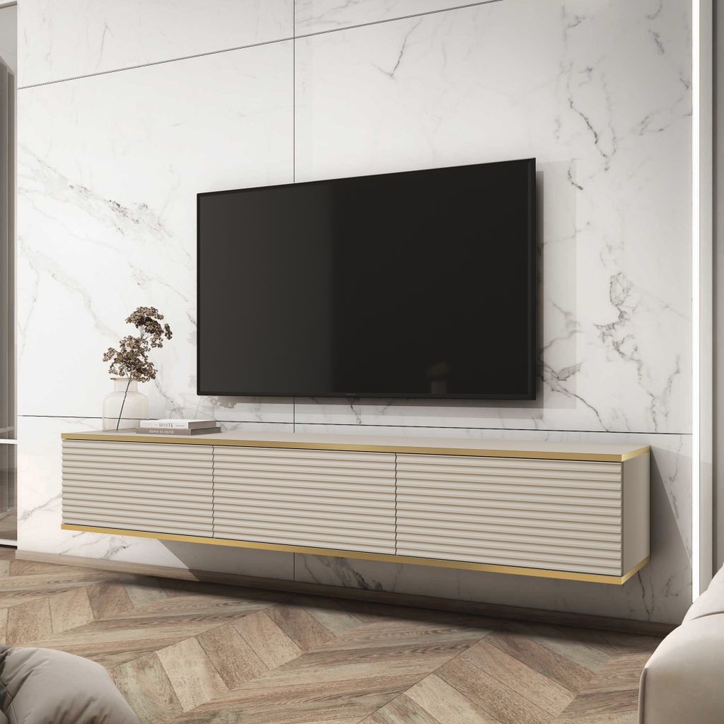 Bettso TV-Wandschrank TV Schrank TV-Kommode TV Cabinet mit 3 Türen Moderner Fernsehschrank für das Wohenzimmer ORO 175 cm Lamellen Fronten Beige