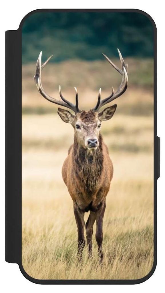 NIVOCASE Klapphülle für Apple iPhone 15 Pro Handyhülle aus Kunst Leder NIVOflip schwarz Hirsch Wald Wiese