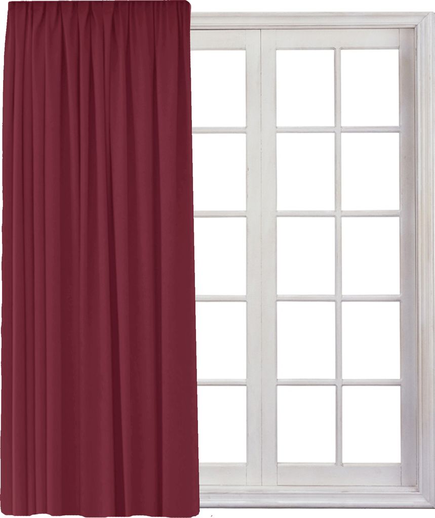 A burgundy curtain is shown partially covering a white-paned window.