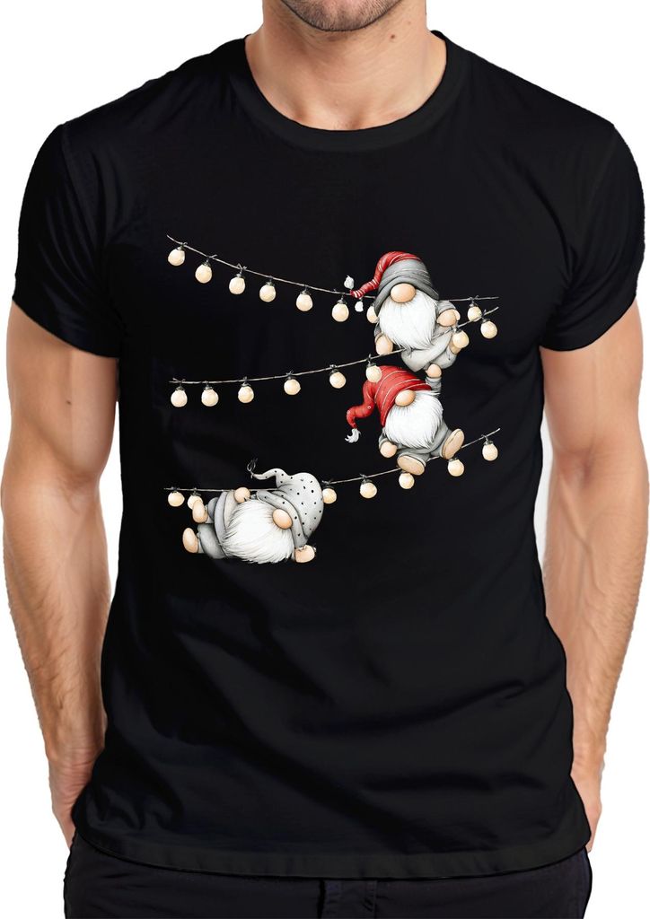 Weihnachtswichtel Gnome Lichterkette Weihnachten Geschenk Skandinavisch Herren T-Shirt, Schwarz, S