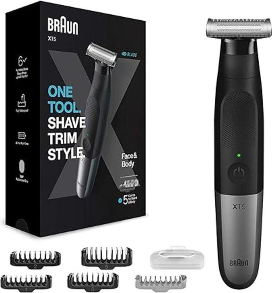 A product box and a grooming device with accessories.