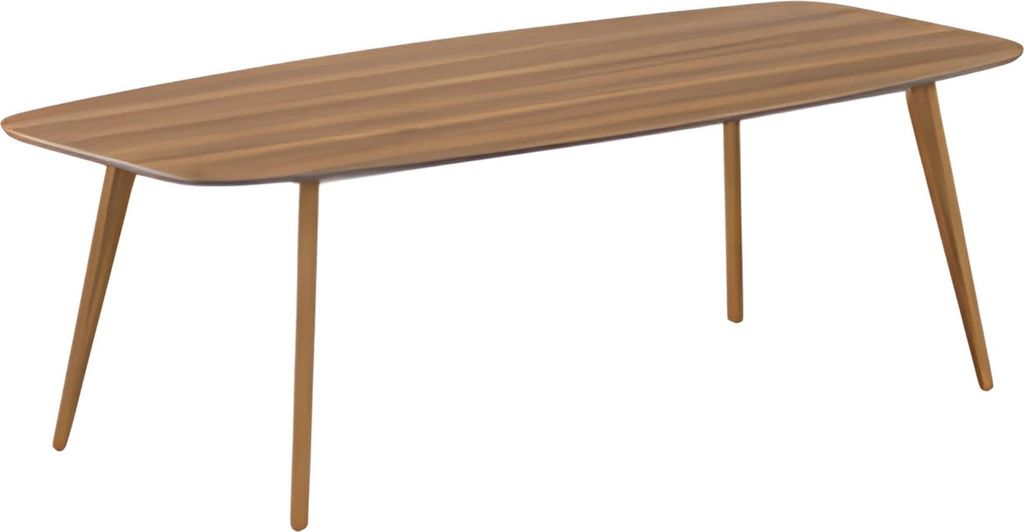 Moderner Esstisch aus Holz mit eleganter Tischplatte und schlichten Holzbeinen