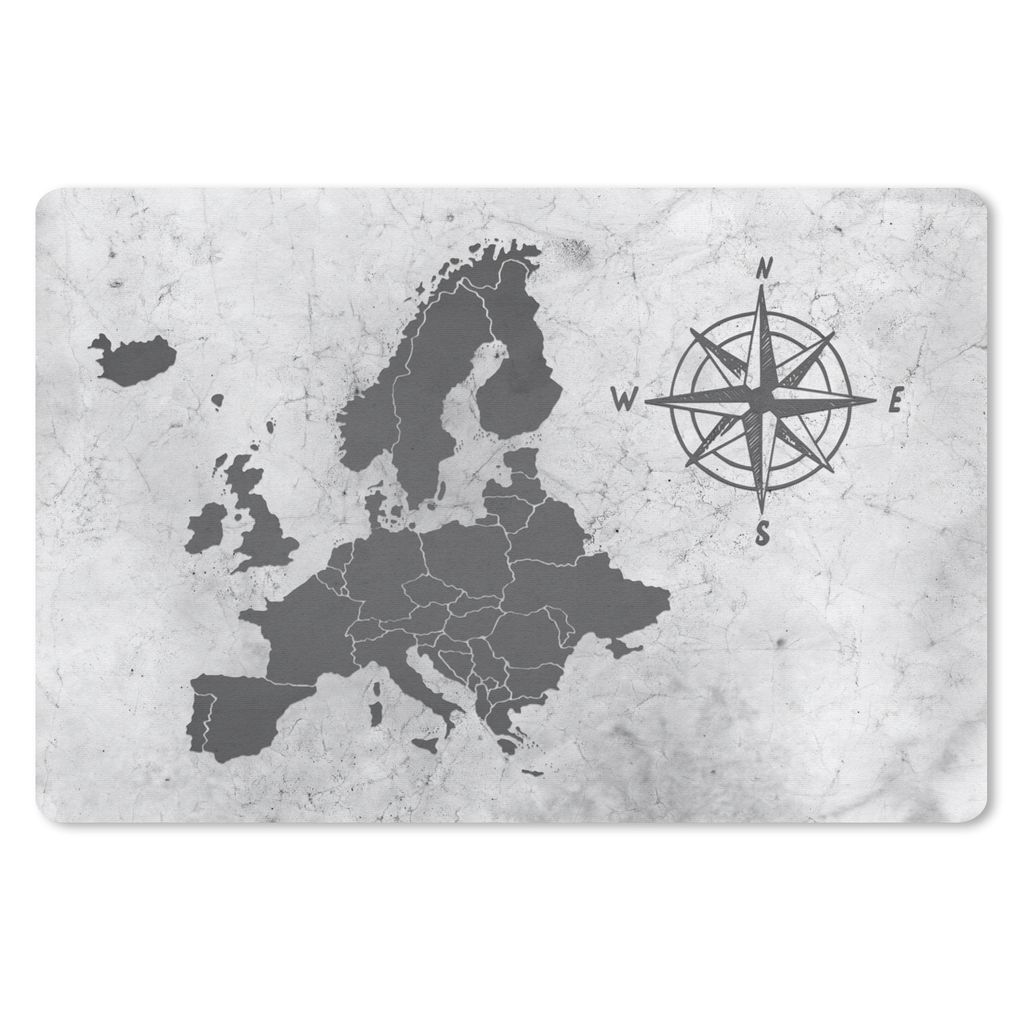 MuchoWow Schreibtischunterlage Vintage-Europakarte mit großer Kompassrose - schwarz und weiß 60x40 cm - XXL Mauspad - Großes Mauspad