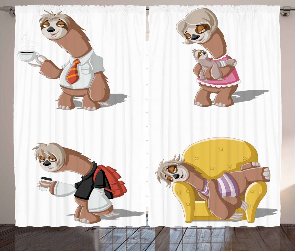 ABAKUHAUS Faultier Rustikaler Gardine, Lazy Sloth Familie Cartoon, Schlafzimmer Kräuselband Vorhang mit Schlaufen und Haken, 280 x 175 cm, Mehrfarbig