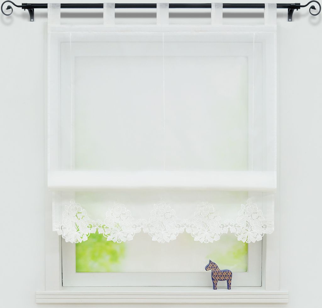 Joyswahl Raffrollo mit Schlaufen Modern Voile Küche Raffgardine mit Stickerei Landhausstil Weiß BxH: 100x155 cm