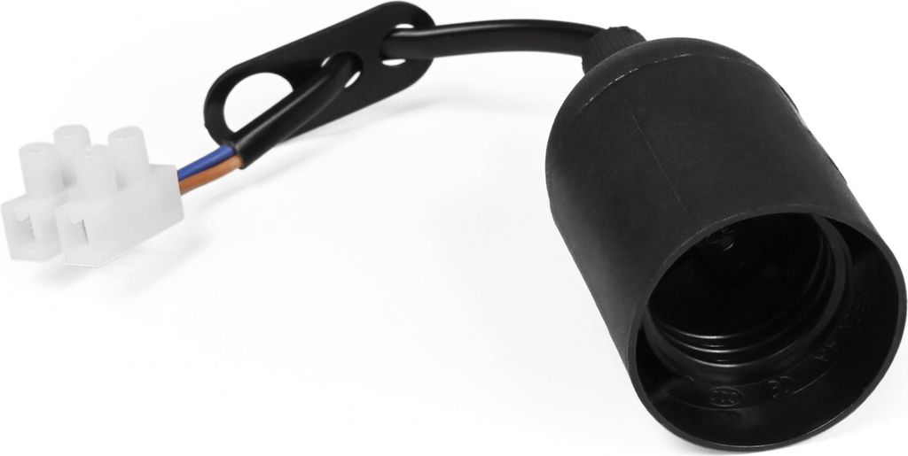 A black light socket with a white connector and wires, set against a white background.