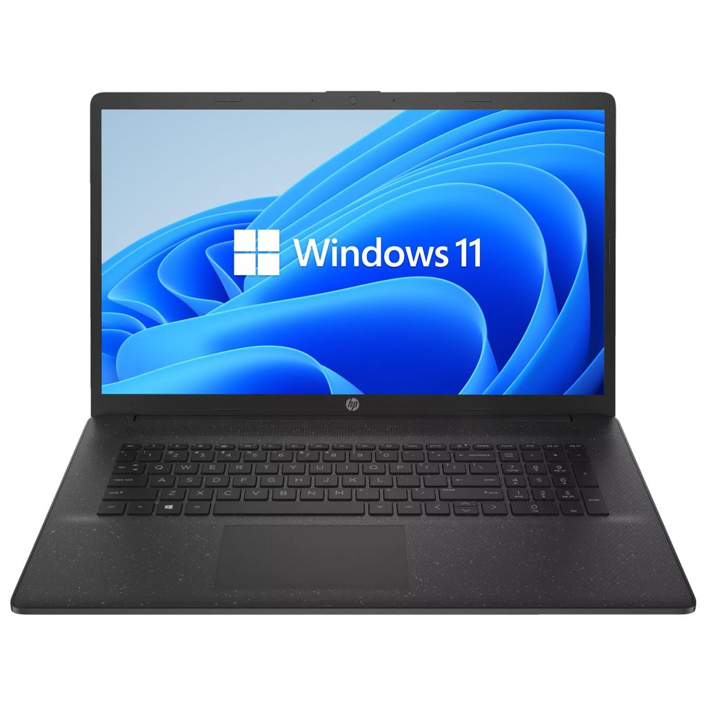 A black HP laptop is shown from the front with the screen displaying the Windows 11 logo and wallpaper.
