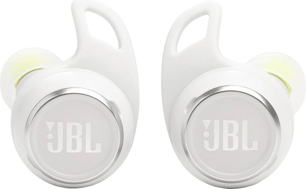 A pair of white JBL wireless earbuds are shown against a white background.