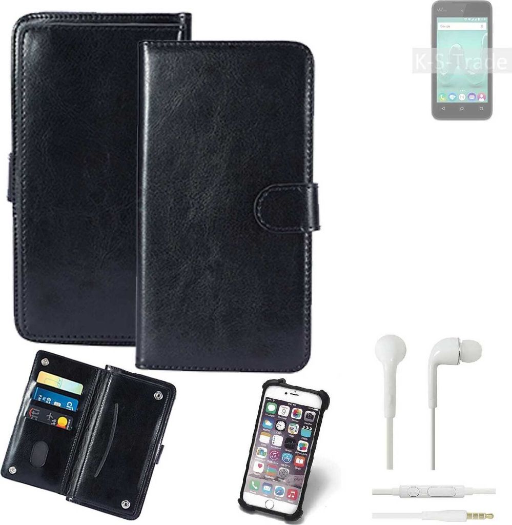 K-S-Trade 360° Hülle kompatibel mit Wiko Sunny 4 inkl. Headphones schwarz Kunstleder Case BookCase WalletCase Kunstlederederhülle Handyhülle,