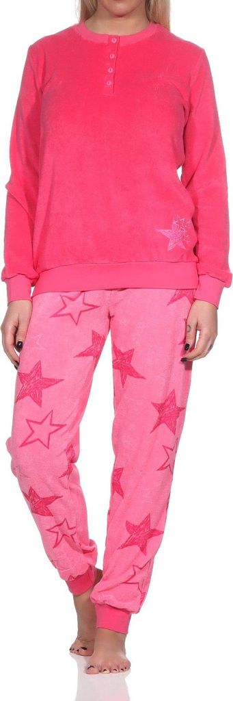Normann Damen Frottee Schlafanzug lang mit Bündchen in Sterne Optik - auch in Übergrösse ; pink , 48-50