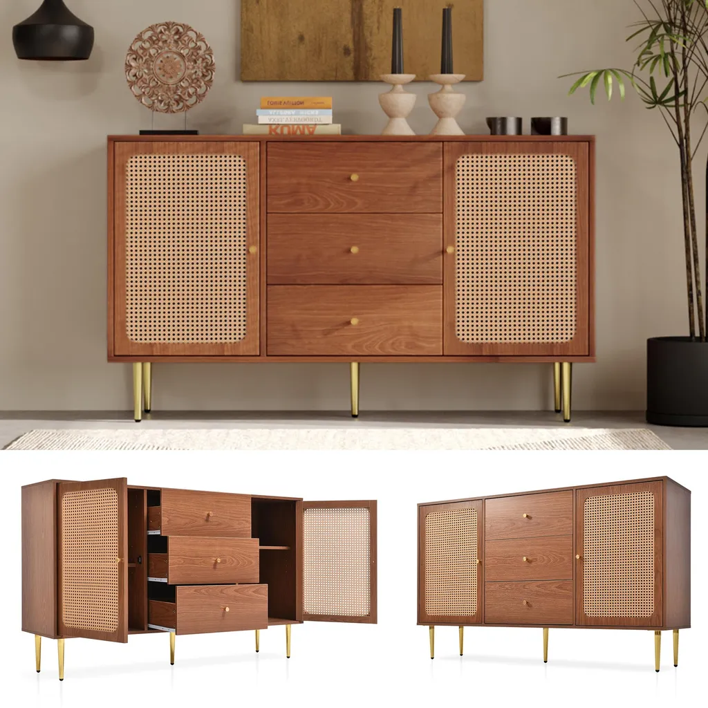 Commode Premium Chêne Noyer avec Poignées Dorées, Montage Très Facile
