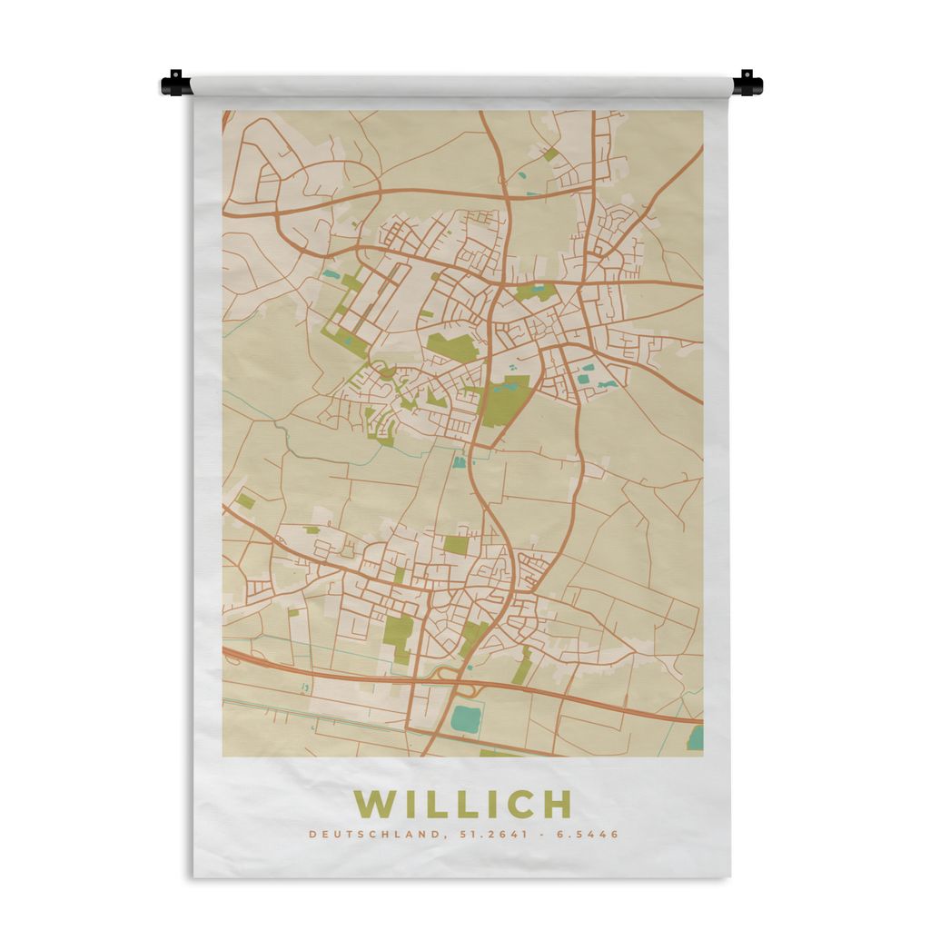 MuchoWow Wandteppich Wandbehang Willich - Karte - Vintage - Stadtplan - Karte 90x135 cm Tapisserie Dekoration Wandtuch - Baumwolle - Wandskulptur