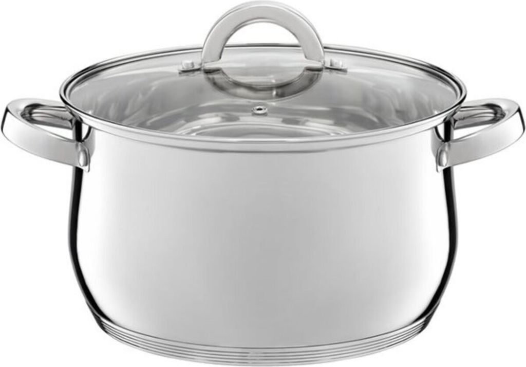 A stainless steel pot with a glass lid and handles, shown from the front.