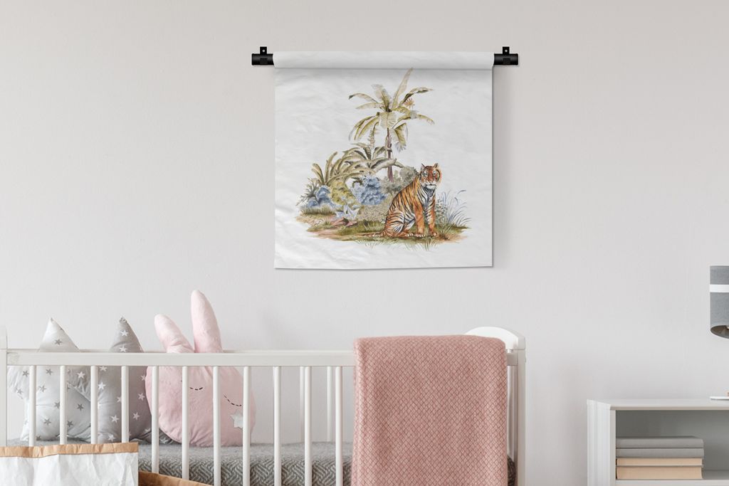 MuchoWow Wandteppich Wandbehang Tiger - Pflanzen - Baum 60x60 cm Tapisserie Dekoration Wandtuch - Dekorationen - Wand Decke