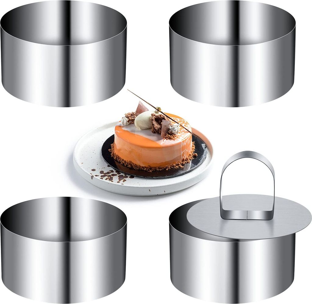 4-teiliges Mini-Kuchenring-Set aus Edelstahl, rund, Mousse-Ring-Set, 8 cm Durchmesser, mit Presse, Heber, verdicktes Backwerkzeug