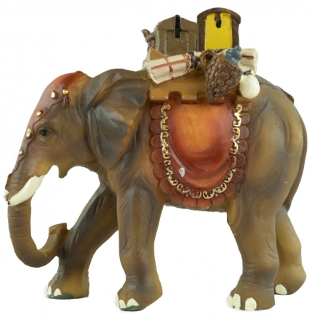 Elefant mit Gepäck aus Polyresin 15 cm hoch handbemalte Krippenfigur 