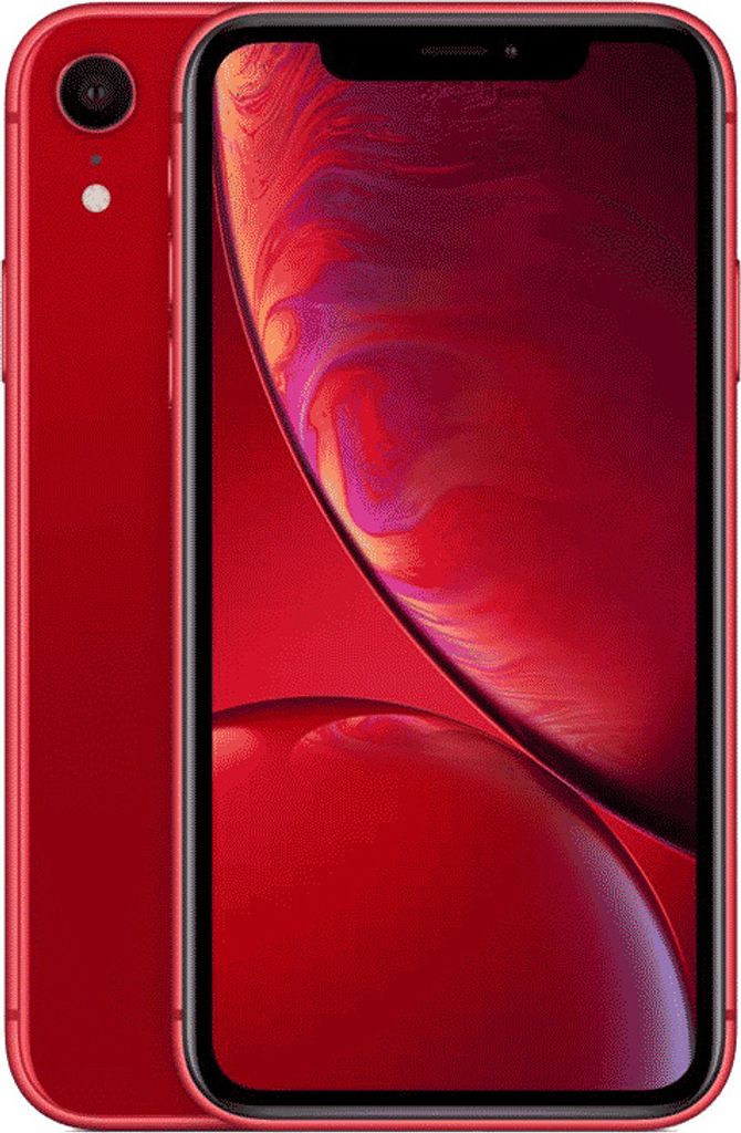 A red iPhone XR is shown from the front and back.