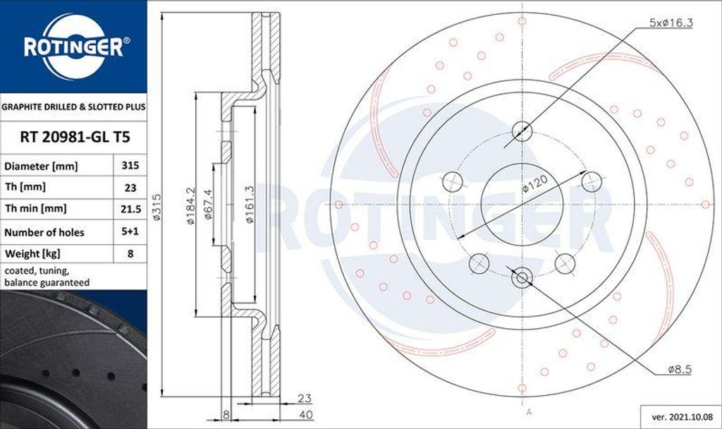 ROTINGER RT 20981-GL T5 Bremsscheibe OE 13501290 kompatibel mit Insignia, Malibu