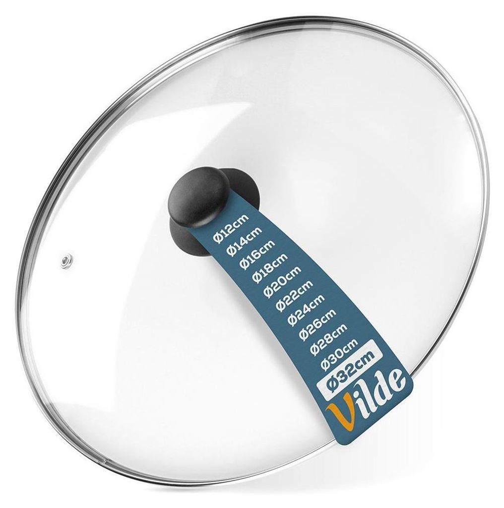 A glass lid for a pot or pan is shown from a slightly elevated angle against a white background. A blue tag with size measurements and the brand name is attached to the handle.