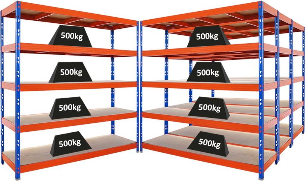 Mega Deal | 4x Profi Schwerlastregal Rhino | HxBxT 200x200x60cm | 5 Spanplatten-Ebenen 8mm | Fachlast 500kg | Blau/Orange