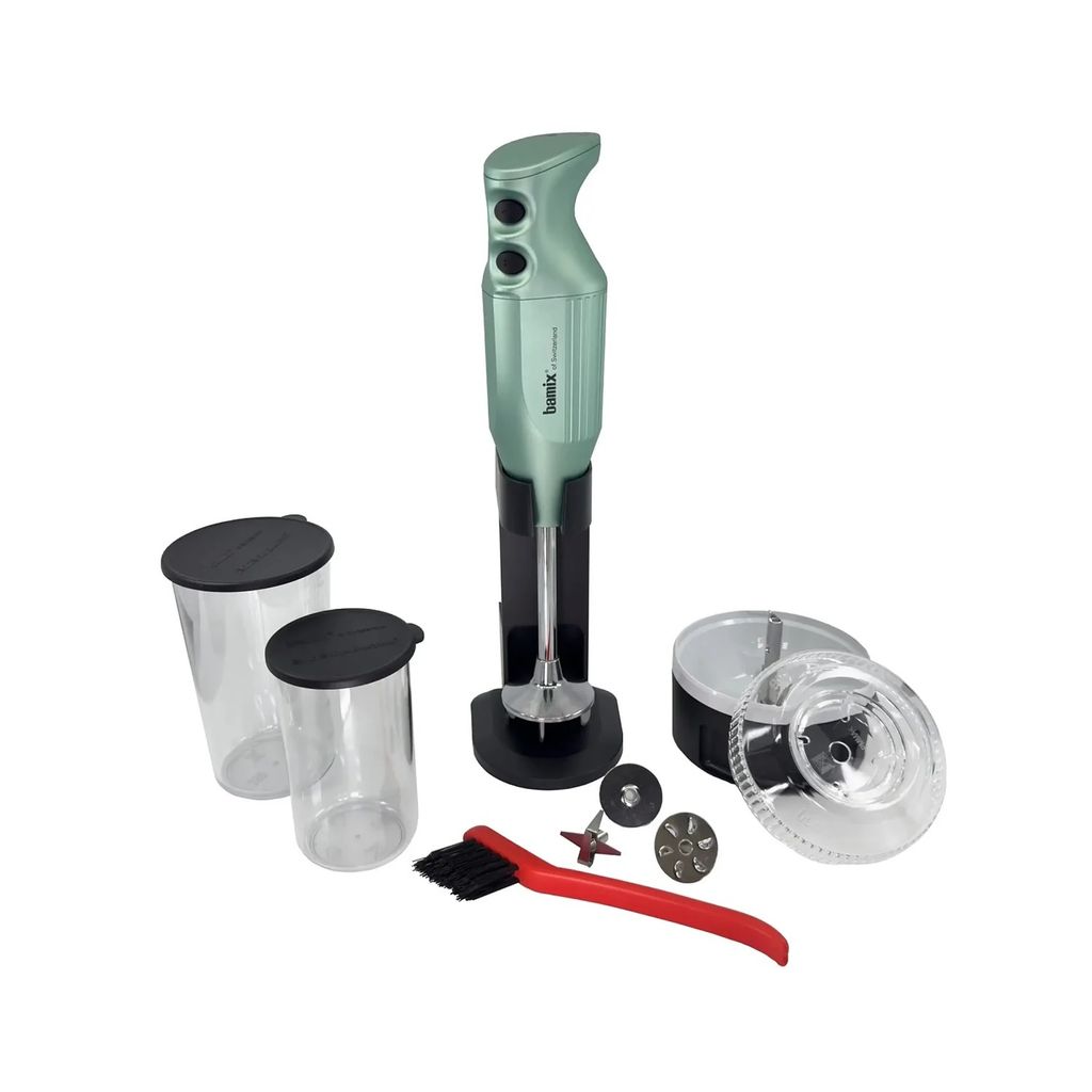 A Bamix immersion blender and its accessories are displayed against a white background.