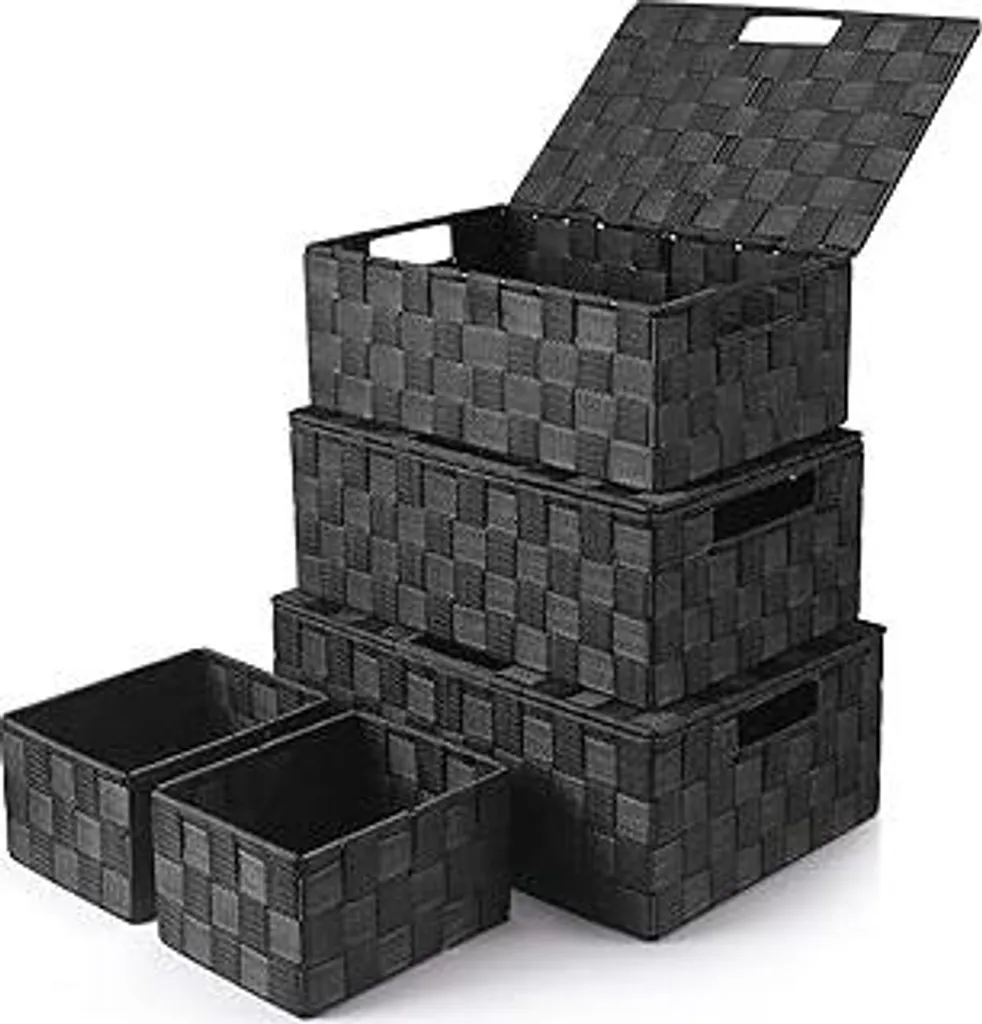 Uvellgift Set di 5 contenitori, cestello portaoggetti da 34 cm con coperchio Contenitori multiuso impilabili per riporre e organizzare bagno/camera da letto/asciugamani/trucchi (nero)