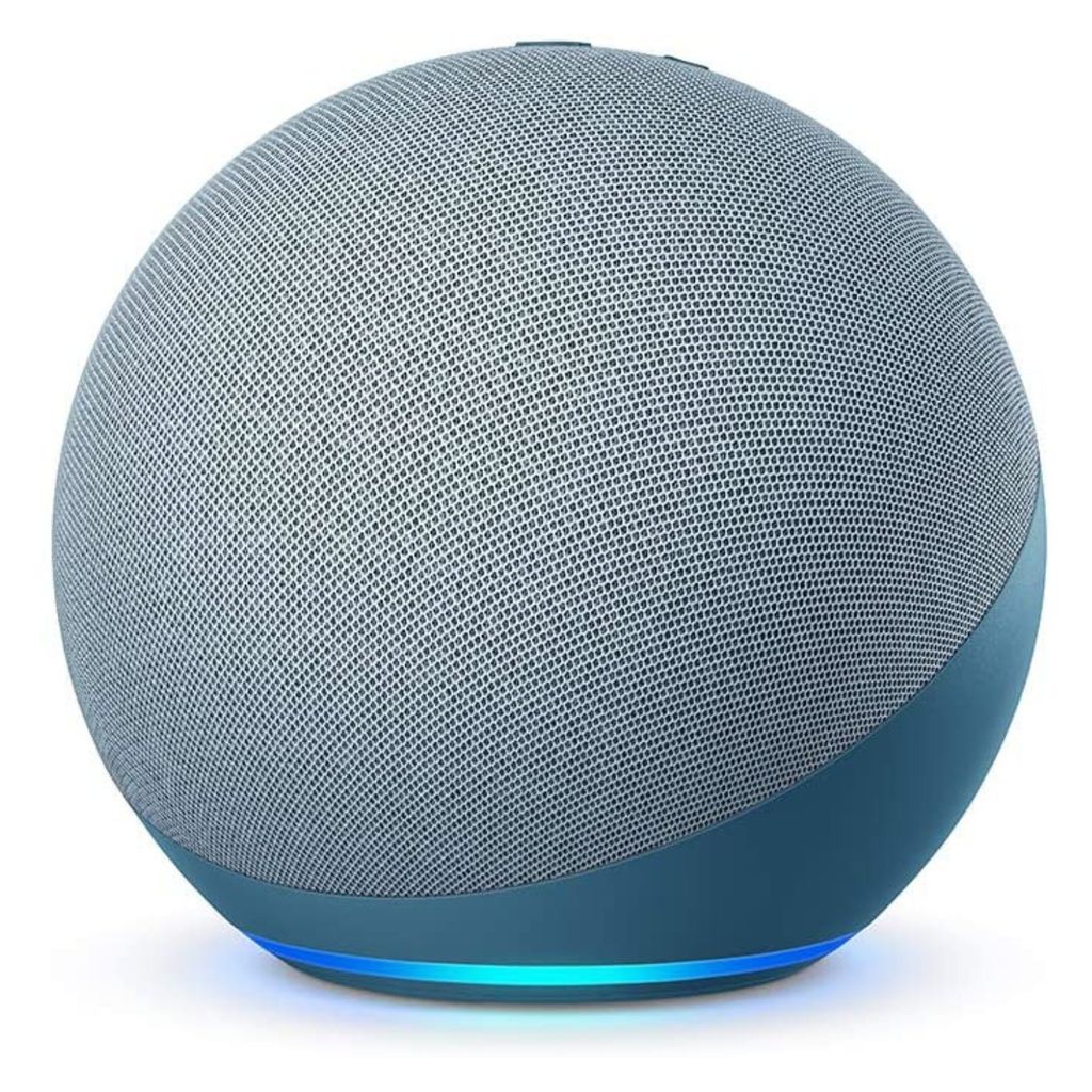 A blue and gray smart speaker is shown against a white background.