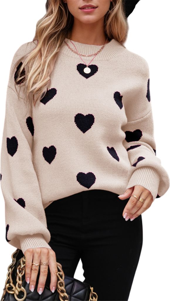 ASKSA Damen Pullover Rundhals Herz Grafik Strickpullover Langarm Winter Strickpulli Casual Herzdruck Strickpullover (Aprikose,L)