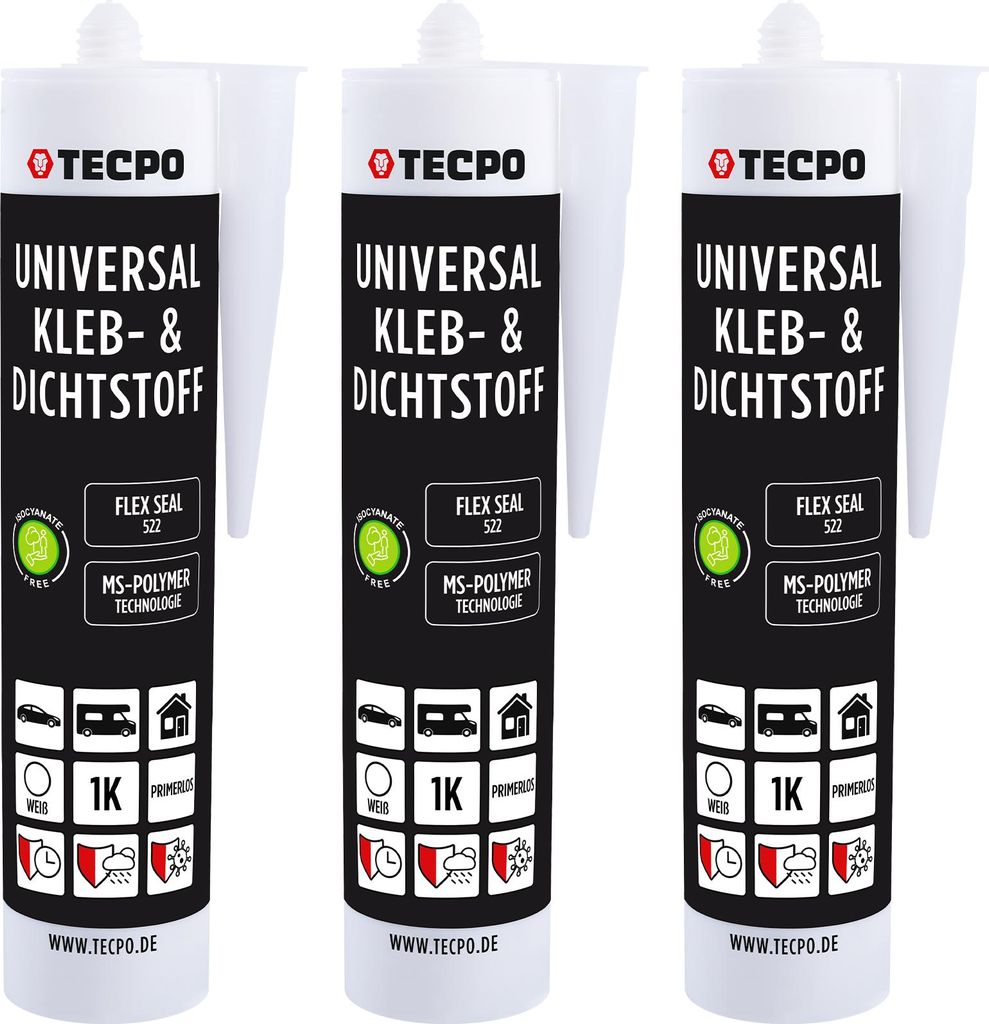 TECPO Universal Kleb- und Dichtstoff SMP Hybrid, 3x 480g Weiß Flex Seal 522 elastisch, silikonfrei, lösemittelfrei- KFZ Bau Industrie Innen und A...