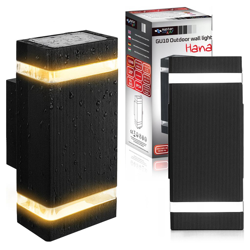 MasterLED Außenwandleuchte Schwarz IP65 2x GU10 Up & Down Fassadenstrahler Eckig Wandlampe Außen Wetterfest für Terrasse & Eingang