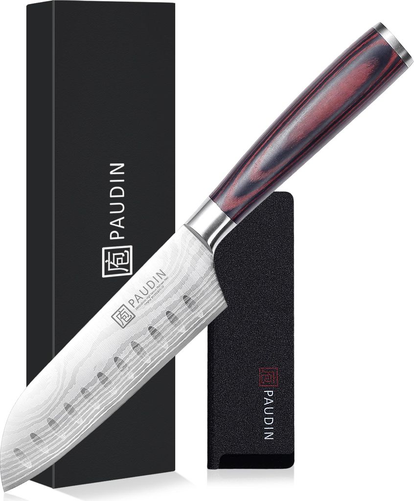PAUDIN N16 Santoku-Messer 12,5 cm - Kompakt, wendig und scharf - Damast-Muster - Inklusive Messerschutz