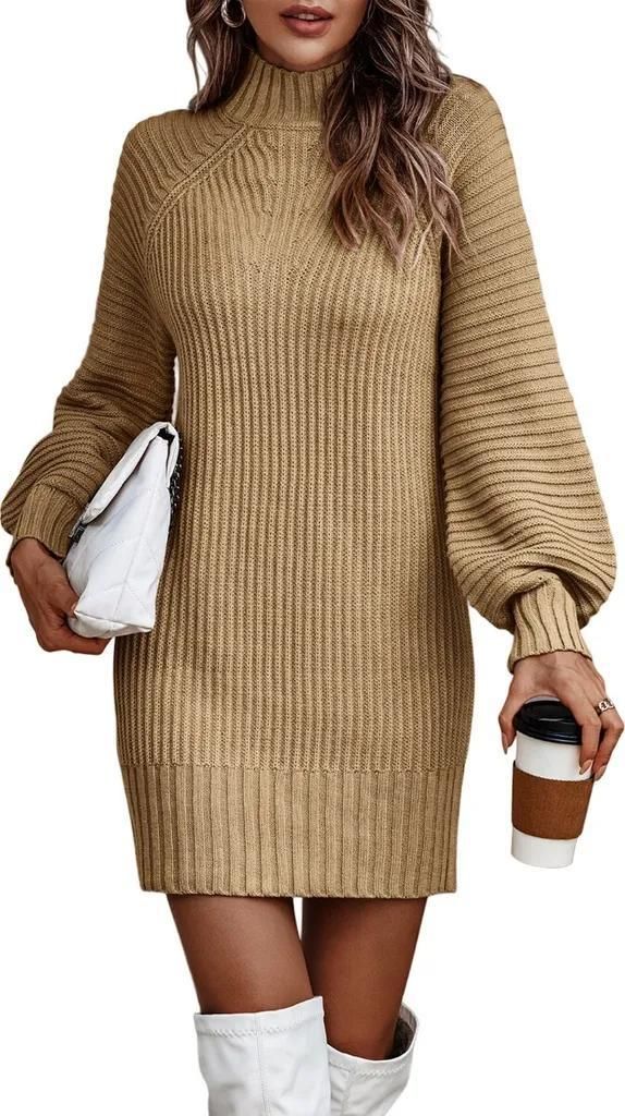 ASKSA Damen Strickkleid Rollkragen Pullikleid Elegant Pulloverkleid Freizeit Midikleid Tops, Khaki, M