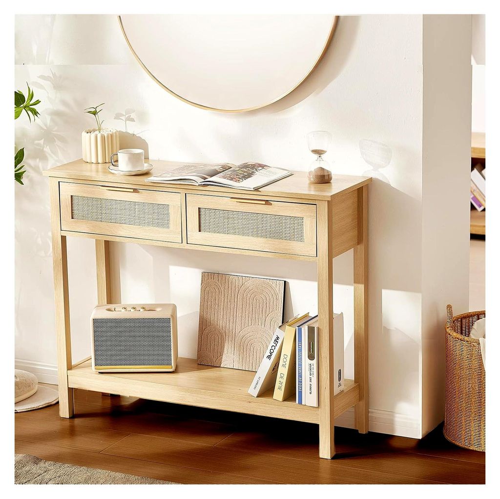 Rattan-Konsolentisch mit 2 Schubladen und Schiebetür für Wohnzimmer, Arbeitszimmer, Eingangsbereich oder Fernsehwand
