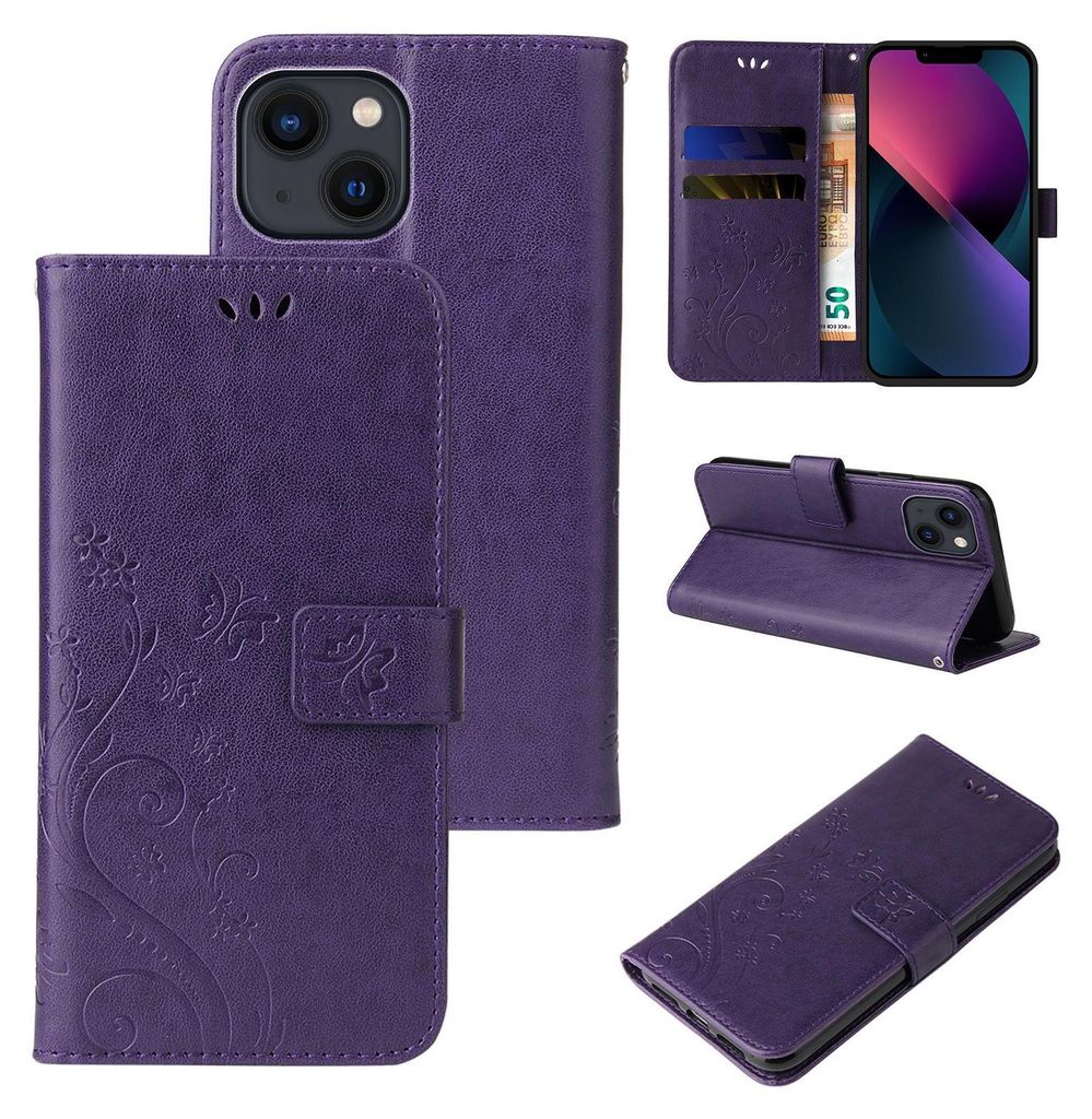 Handyhülle für Apple iPhone 14 Floral Blumen Schmetterling Flip Cover Hülle Case Klapphülle Handytasche Farbe: Violett