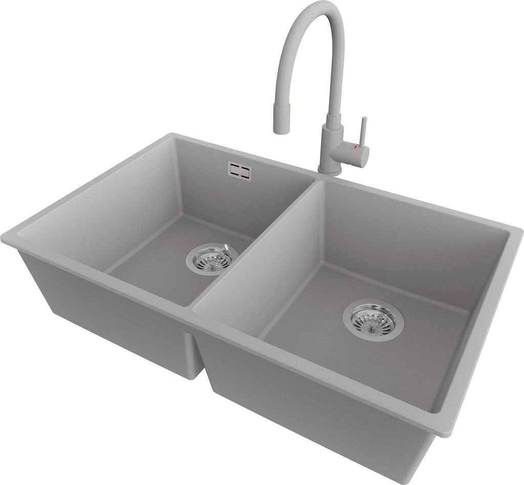 PRIMAGRAN Unterbauspüle Granit Grau 76x47cm, Spülbecken 2 Becken + Küchenarmatur 38x14cm + Ablauf-Set, Granitspüle ab 80er Unterschrank - Londo...