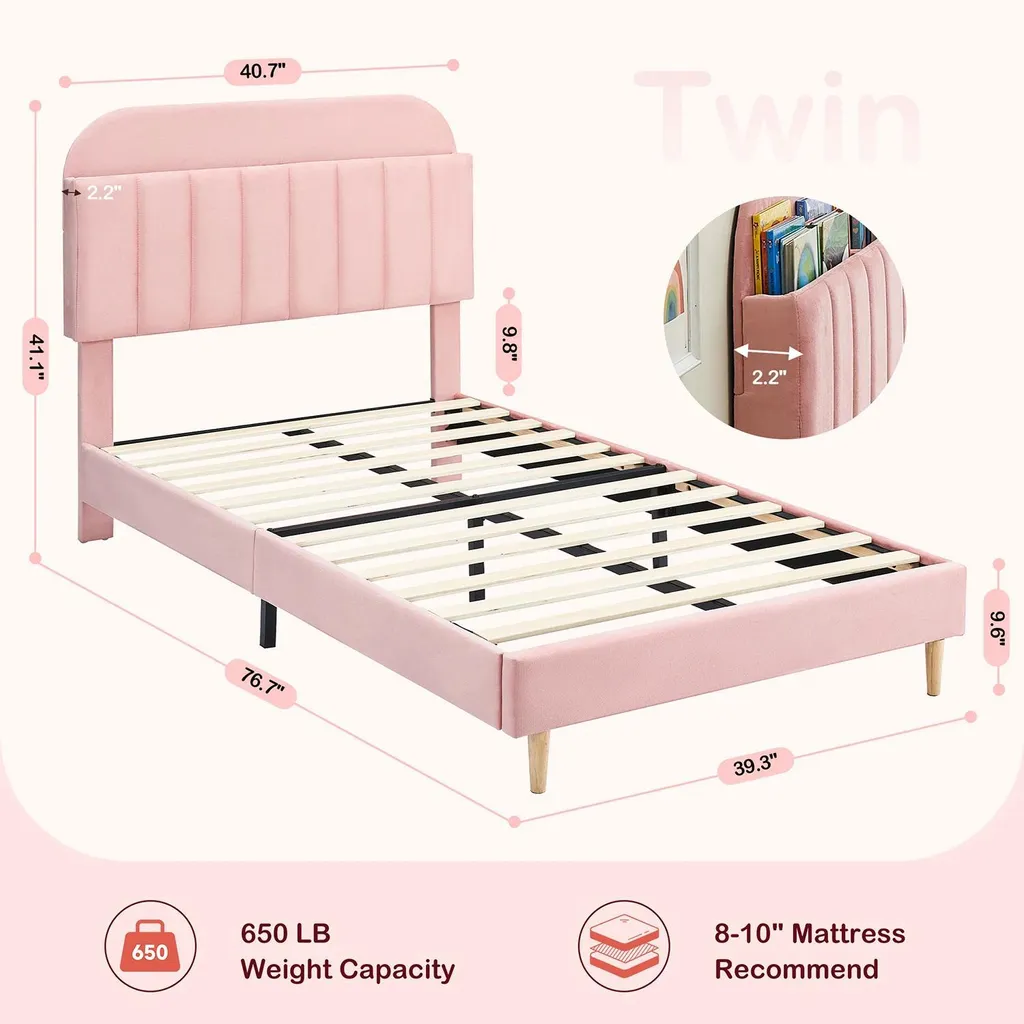 Lit Twin silencieux structure métal et tête de lit rangement velours rose