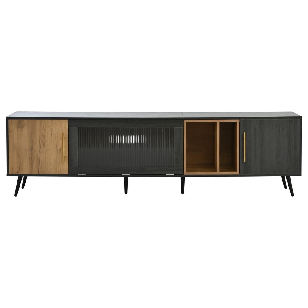 Eleganter TV-Schrank, 200x40x55,5 cm, dunkles Holz, grau und Holzmaserung, für einen 90-Zoll-Fernseher geeignet