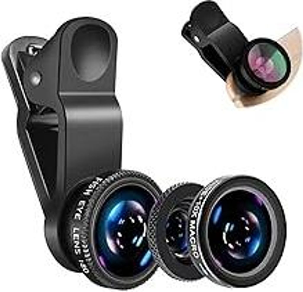 3 in 1 Handy Objektiv Set, Clip-On Kamera-Adapter für Smartphones - Fischaugenobjektiv (180° Fisheye Linse) + Weitwinkel (0,67x Wide) + Makroobje...