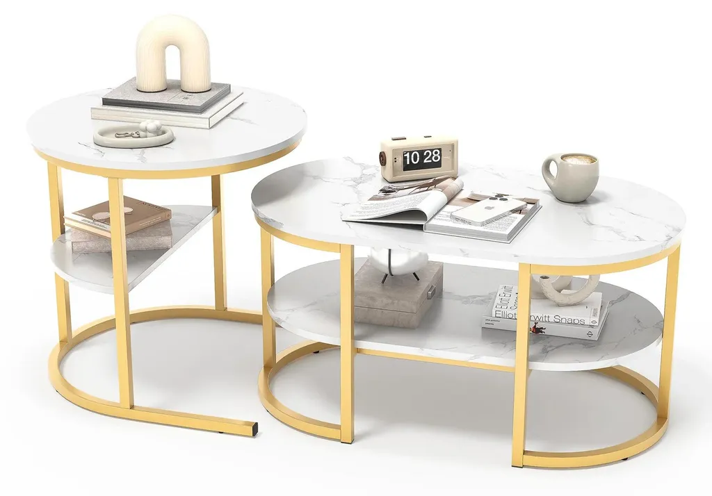 Table basse 2 en 1 gain de place or et marbre pour petit appartement